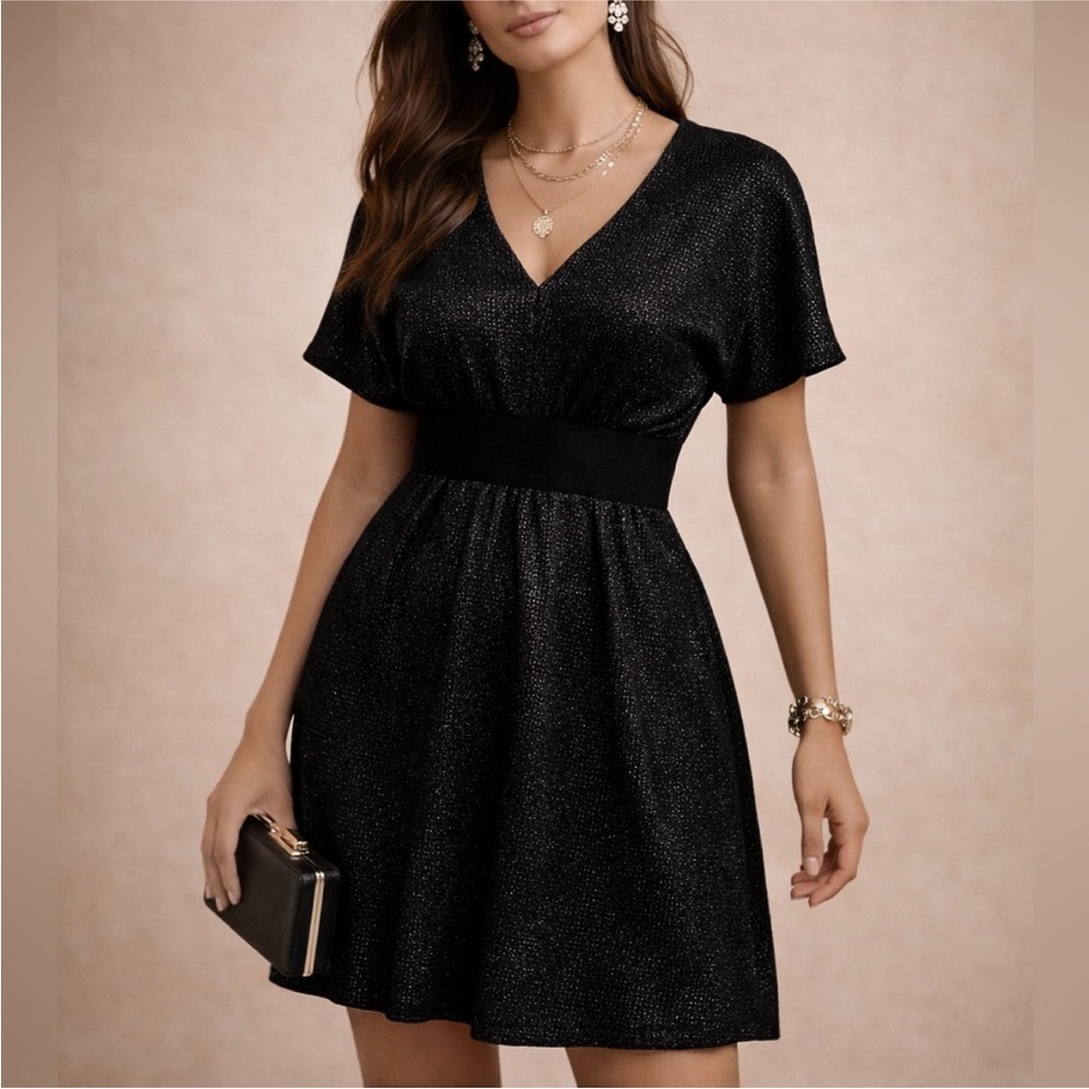 Maje Black Metallic Cashmere Blend Tencel Empire Waist Fall Designer Dress